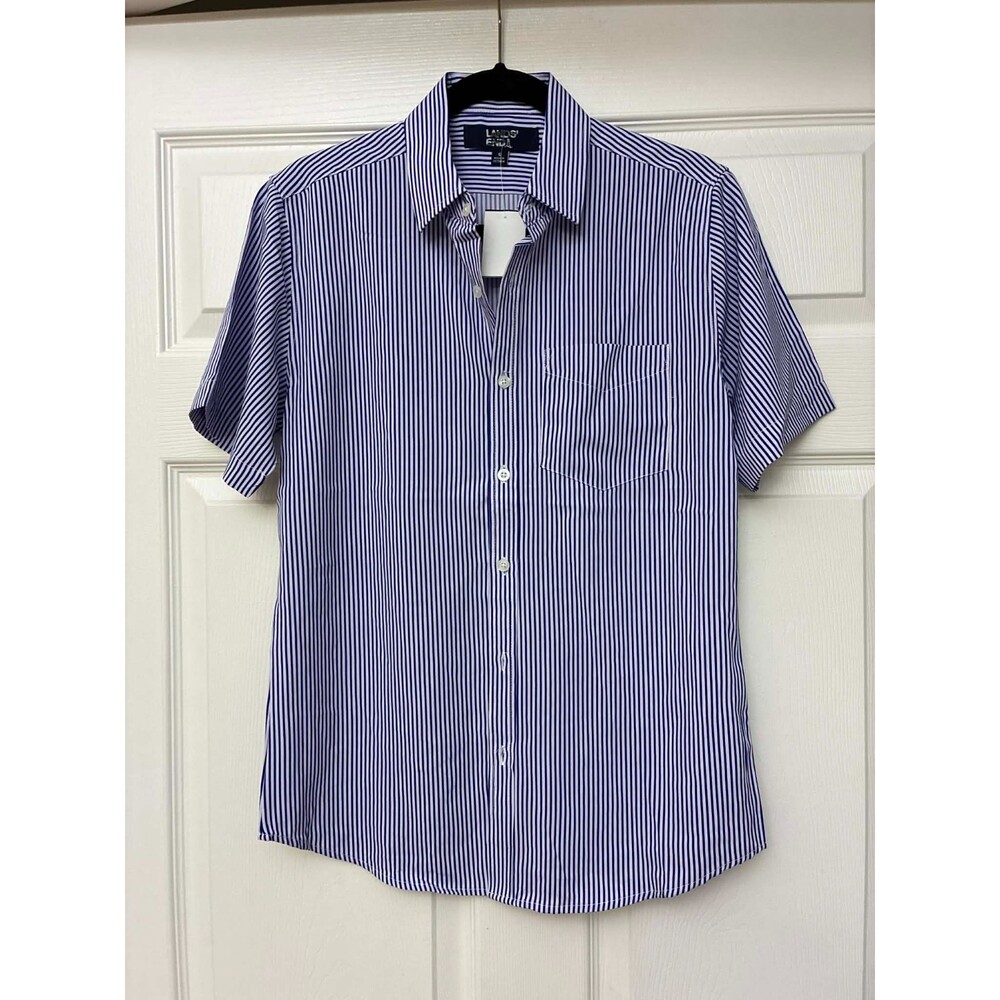 Lands' End Women;s Small Blue White Stripe Short Sleeve Button Down Shirt